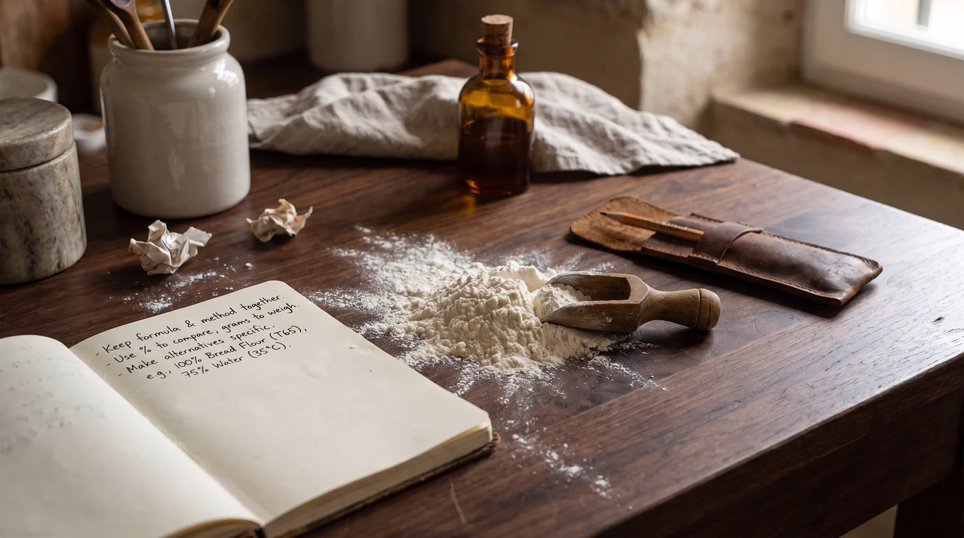 A recipe notebook beside a flour scoop on the kitchen table.