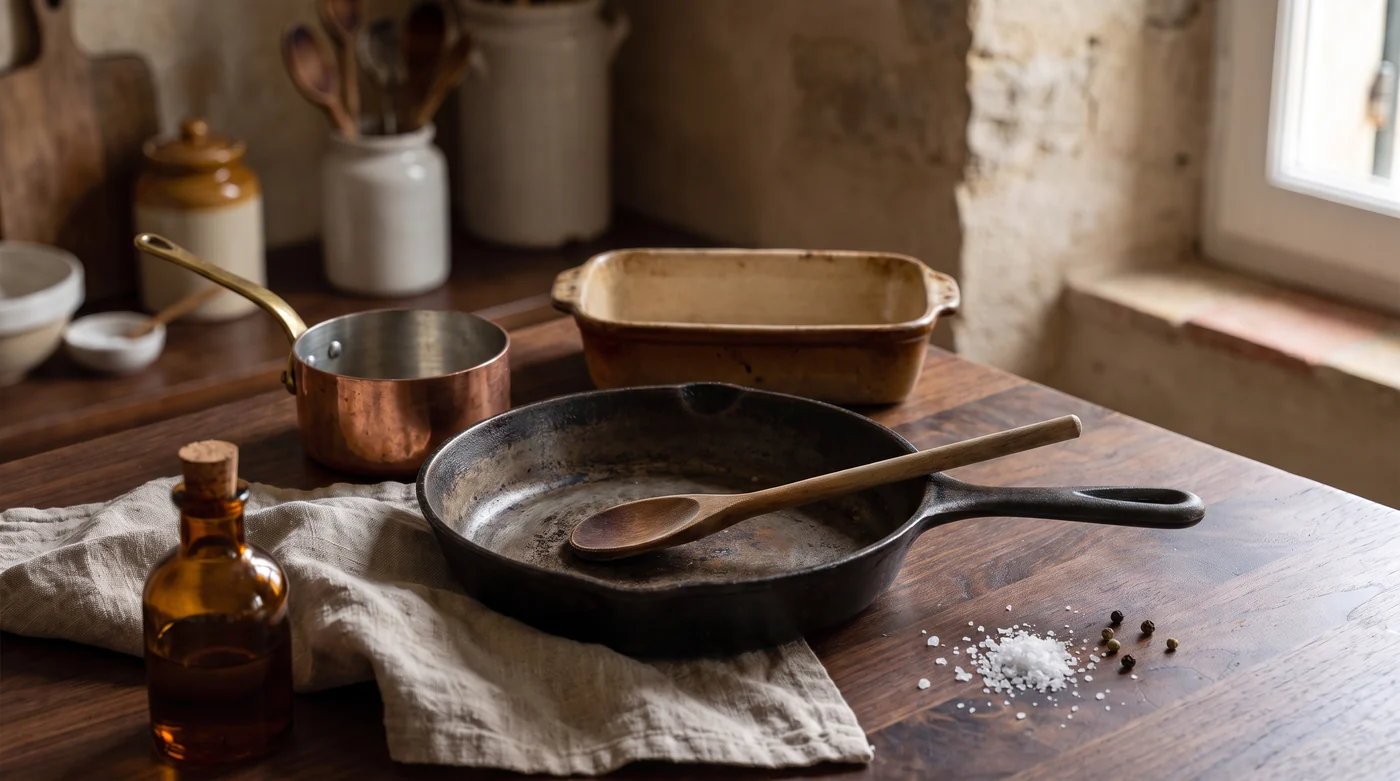 Cookware that earns its place. A skillet, copper saucepan and loaf pan arranged together.