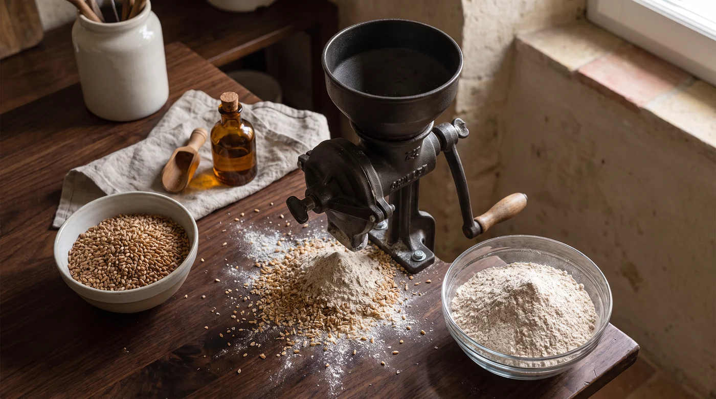 Make room for the machine you use. A hand-operated grain mill beside a bowl of grain and flour.