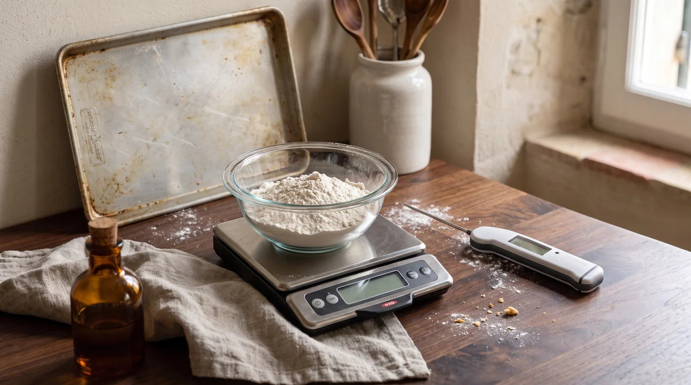 A few things, with a proper job. Flour on a digital kitchen scale beside a baking tray and thermometer.