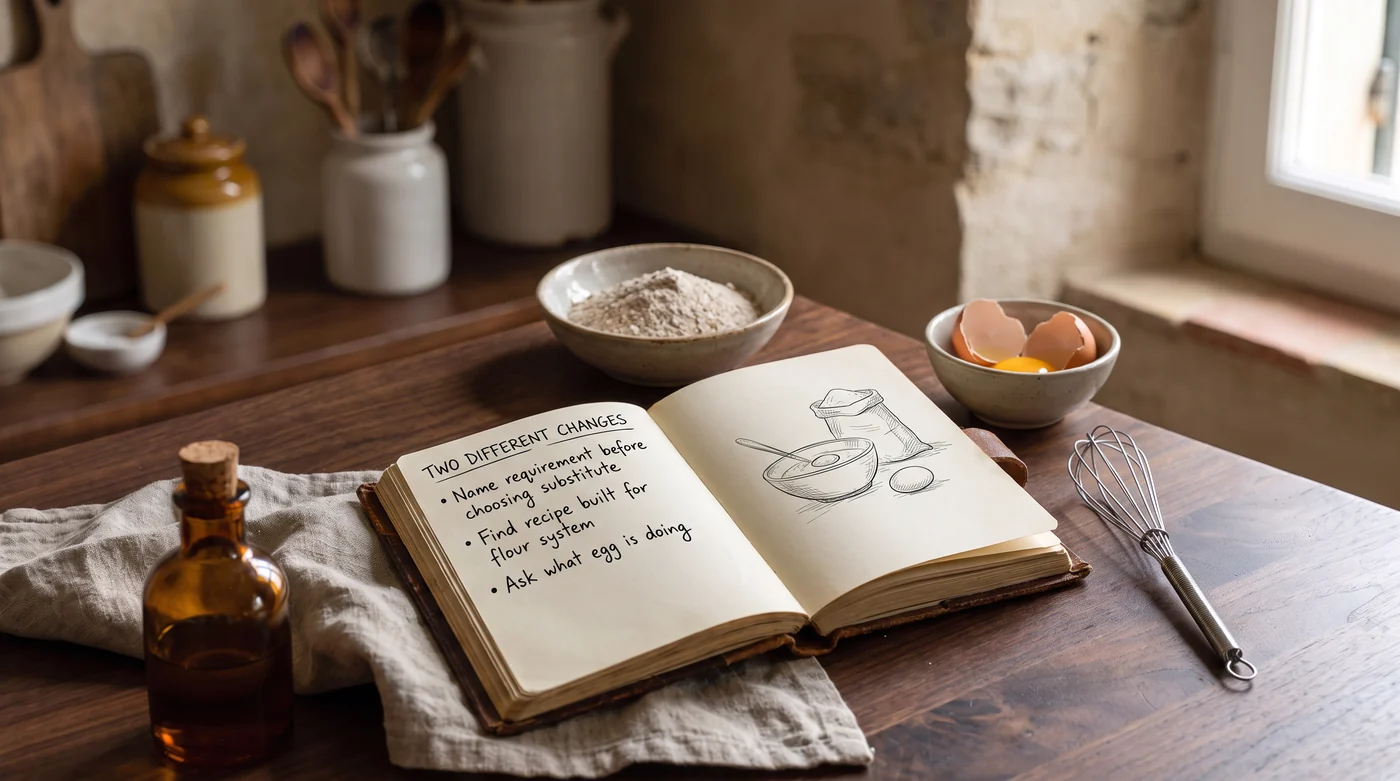 An open notebook beside flour, eggs and a wire whisk.