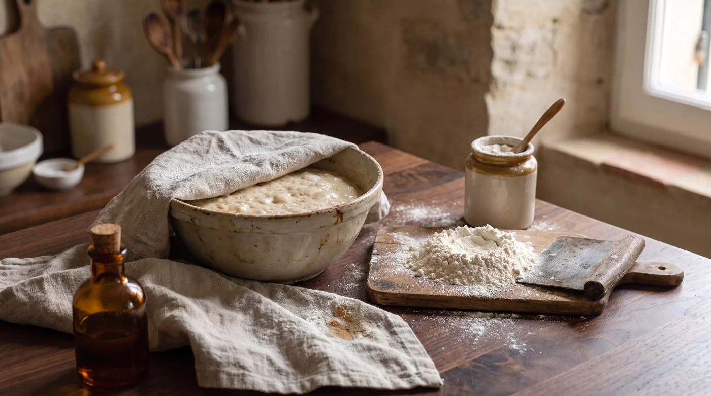 A well-used kitchen. A well-fed table. A bowl of risen dough beside a starter jar and a flour-dusted board.