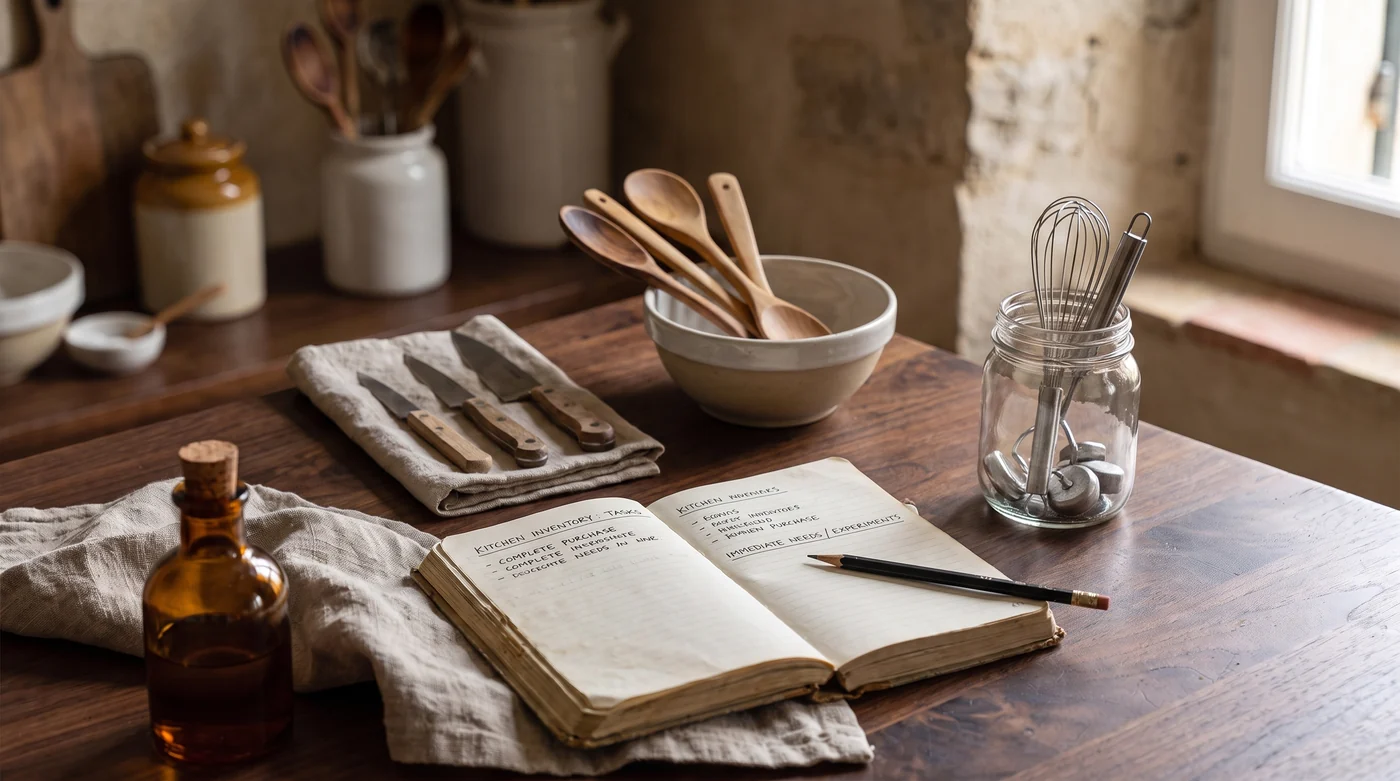 Build a useful kitchen, one gap at a time. Wooden spoons, whisks and knives arranged around an open cookbook.
