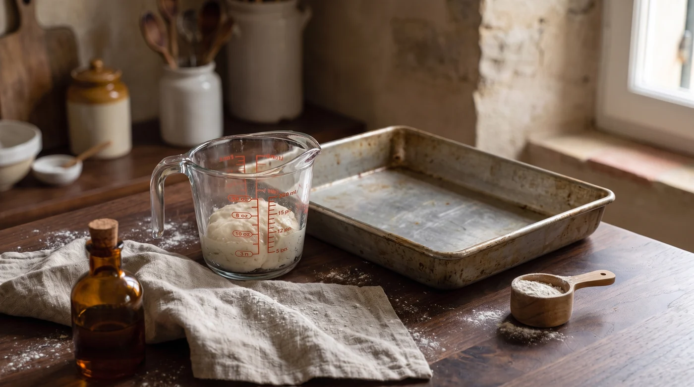 Will the bake fit this pan? A measuring jug beside an empty rectangular baking tray.