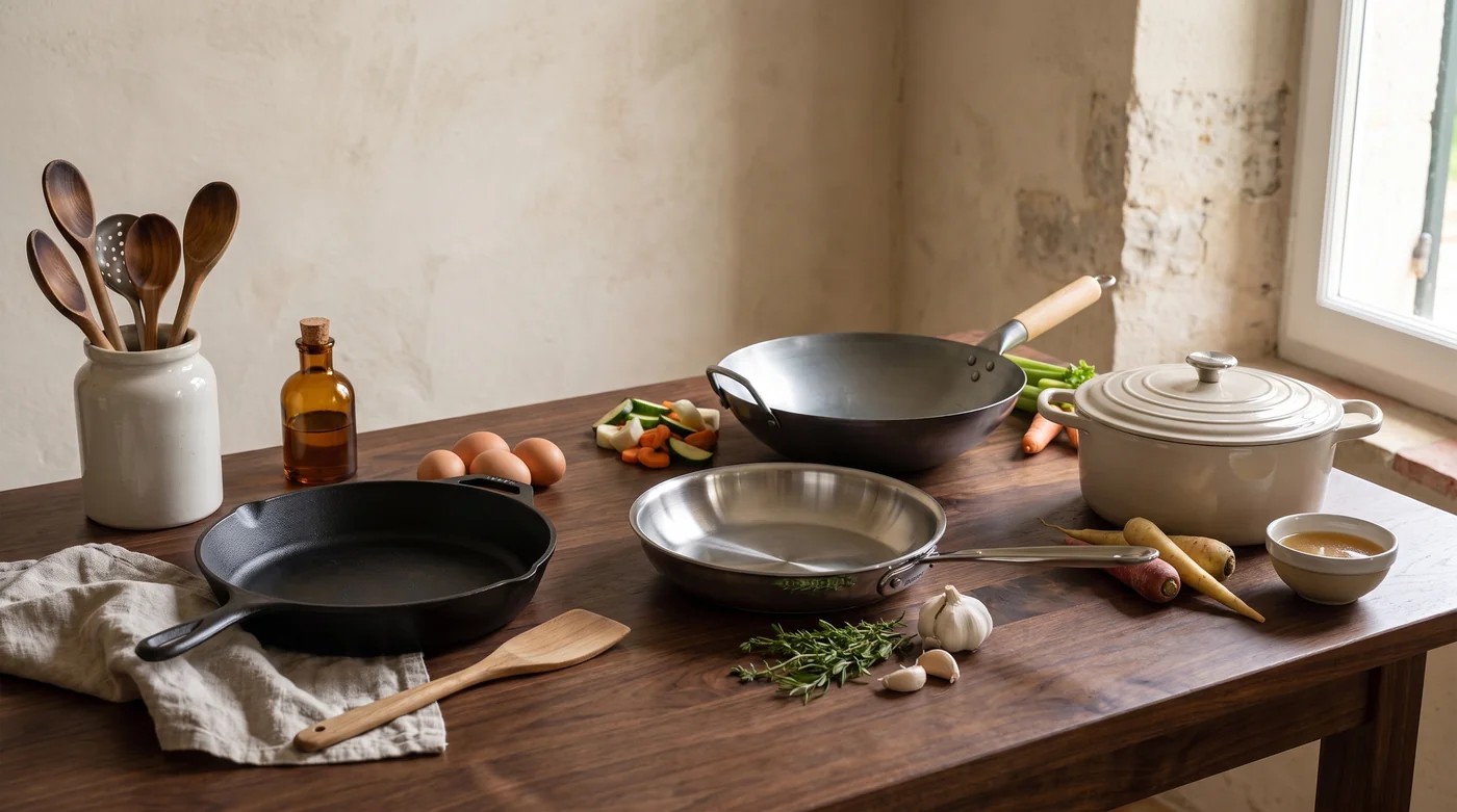A selection of pans and a casserole dish arranged with cooking ingredients. A selection of pans and a casserole dish arranged with cooking ingredients.