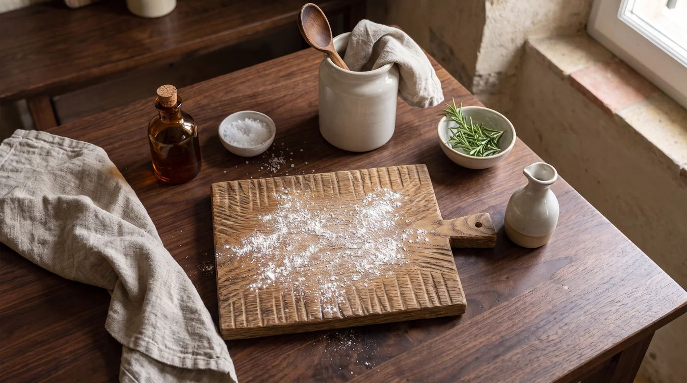 A flour-dusted wooden board beside a bench scraper and a little jug.