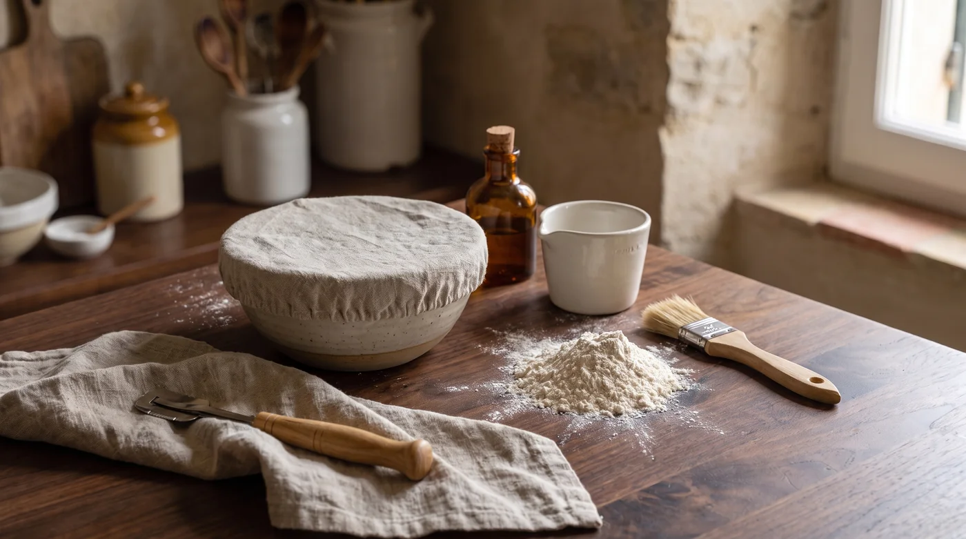 A covered bowl beside flour, a rolling pin and a pastry brush. A covered bowl beside flour, a rolling pin and a pastry brush.