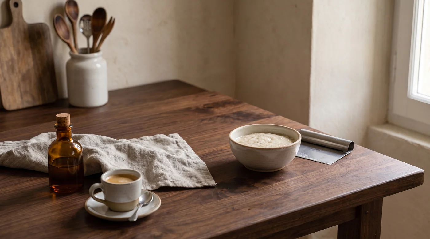 A flour bowl and bench scraper beside a cup on the walnut table. A flour bowl and bench scraper beside a cup on the walnut table.