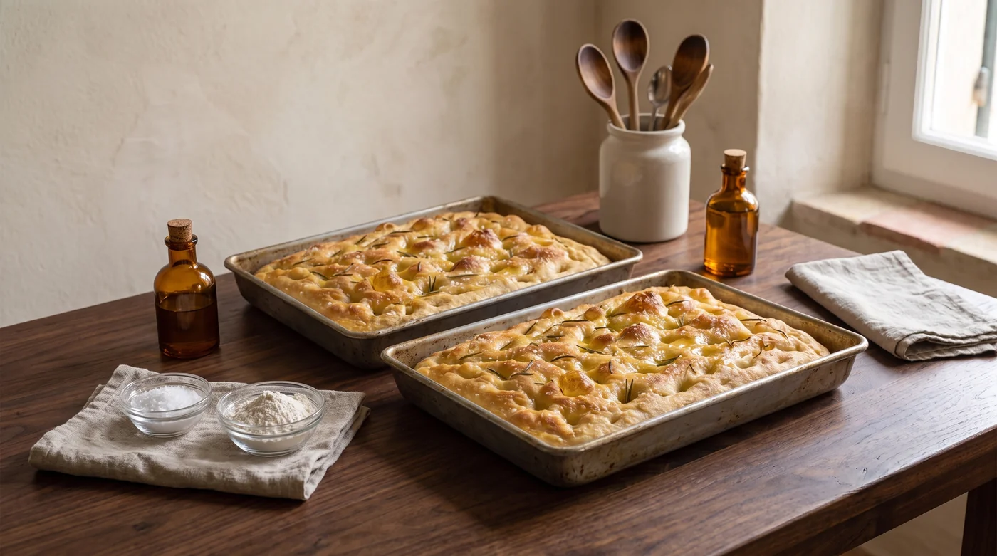 Two trays of focaccia in the same rustic kitchen setting. Two trays of focaccia in the same rustic kitchen setting.
