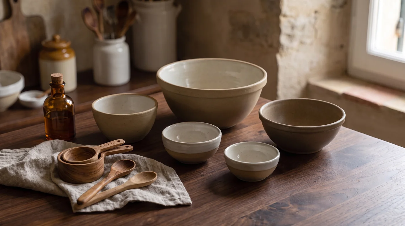 Nested mixing bowls and wooden measuring spoons on the table. Nested mixing bowls and wooden measuring spoons on the table.