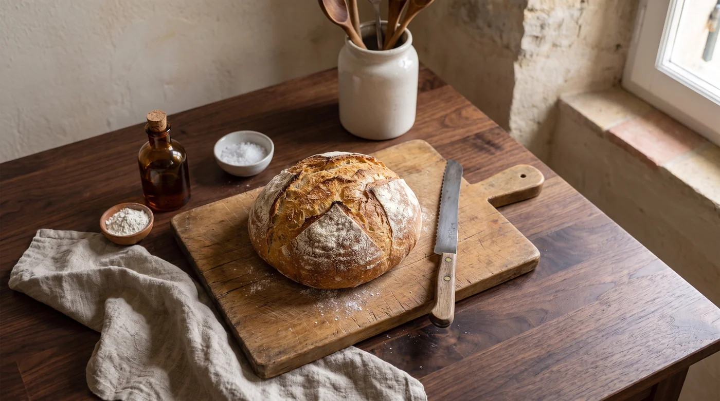 A round country loaf and bread knife on a wooden board. A round country loaf and bread knife on a wooden board.