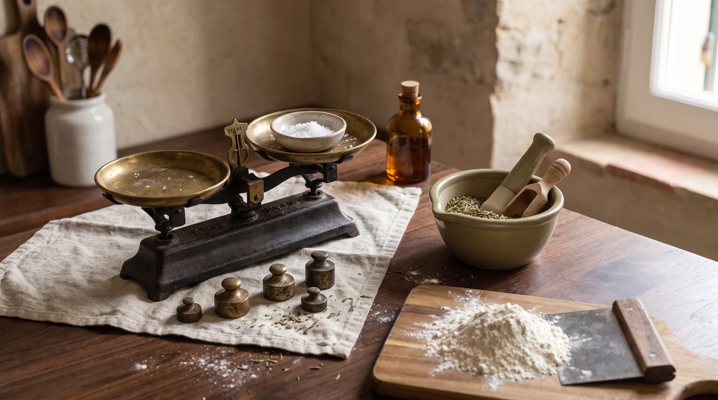 A balance scale beside a mortar, flour and bench scraper.