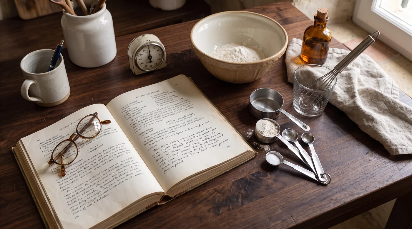 Read a recipe before you reach for the bowl. A cookbook, mixing bowl, timer and measuring spoons arranged before baking.