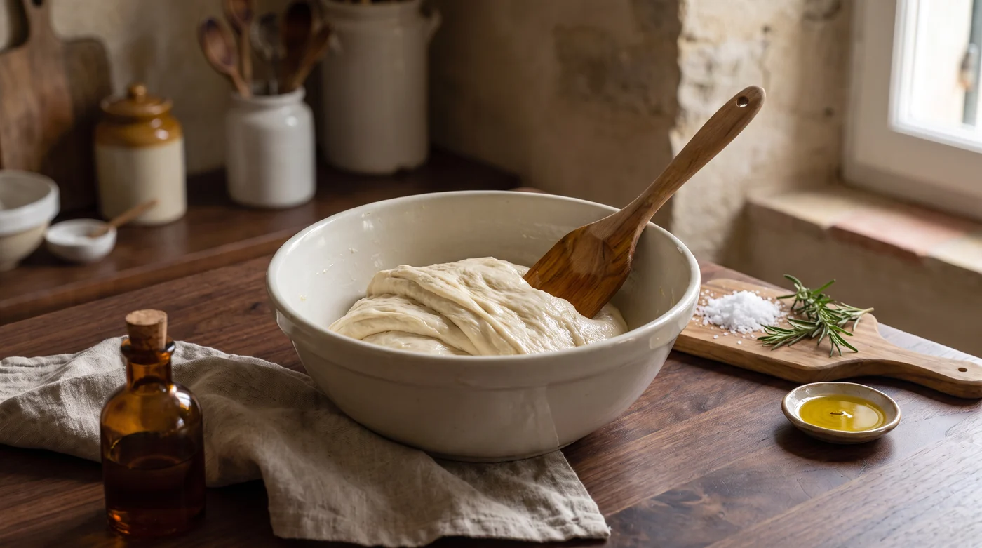Fold. A deliberate gentle turn. A wooden spatula resting in a bowl of soft dough.