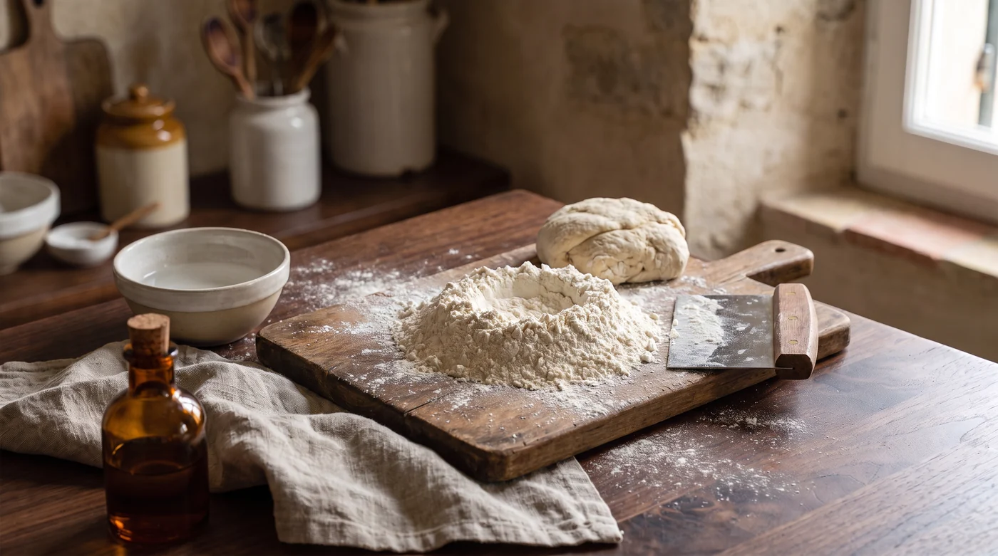 Knead. Work the structure. A mound of flour, a piece of dough and a bench scraper on a board.