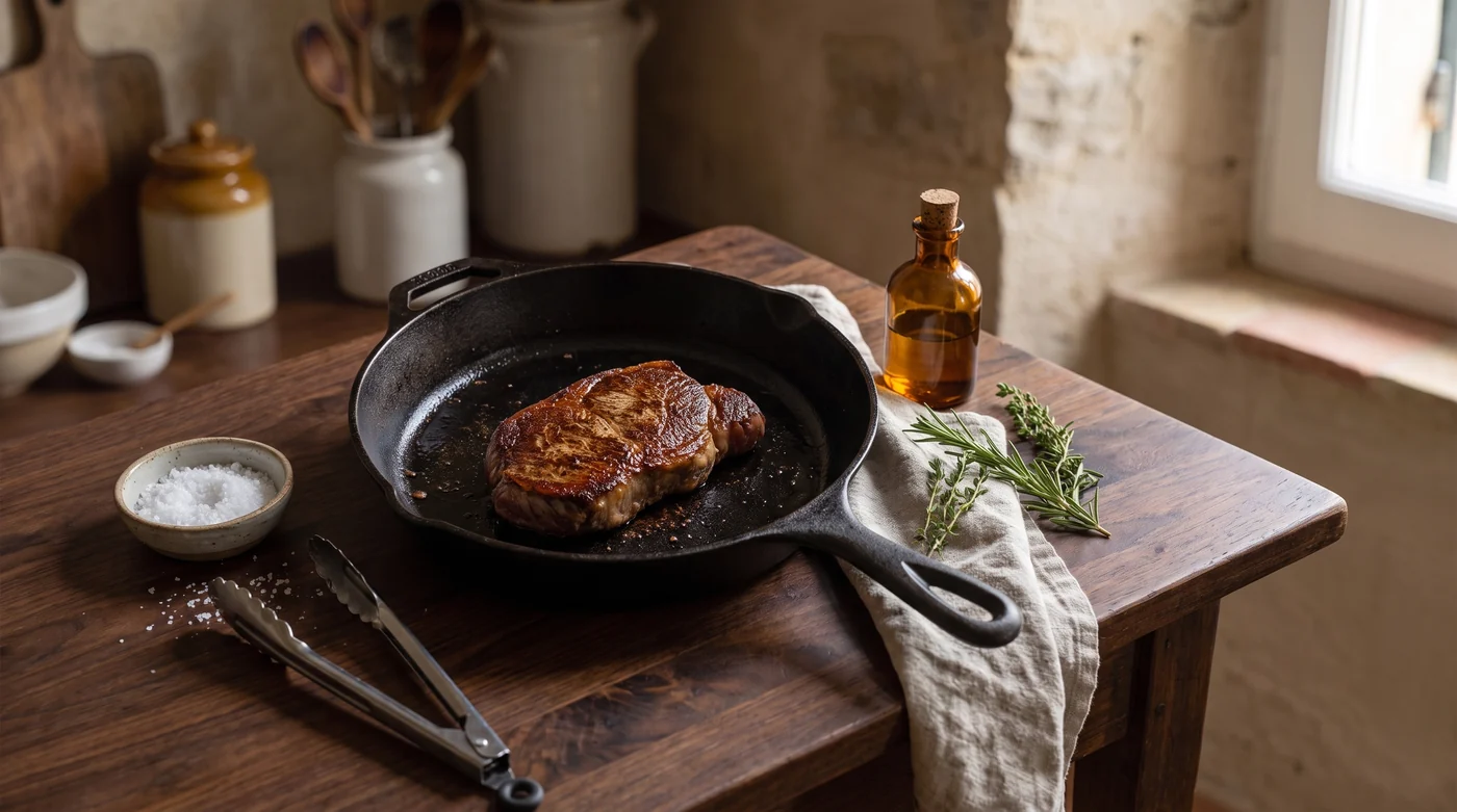 Sear. A browned surface. A browned piece of meat resting in a skillet.