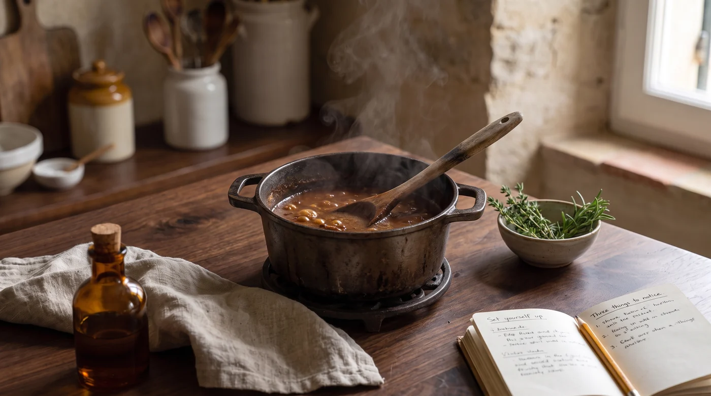 A pot of stew with a wooden spoon on a heat mat.