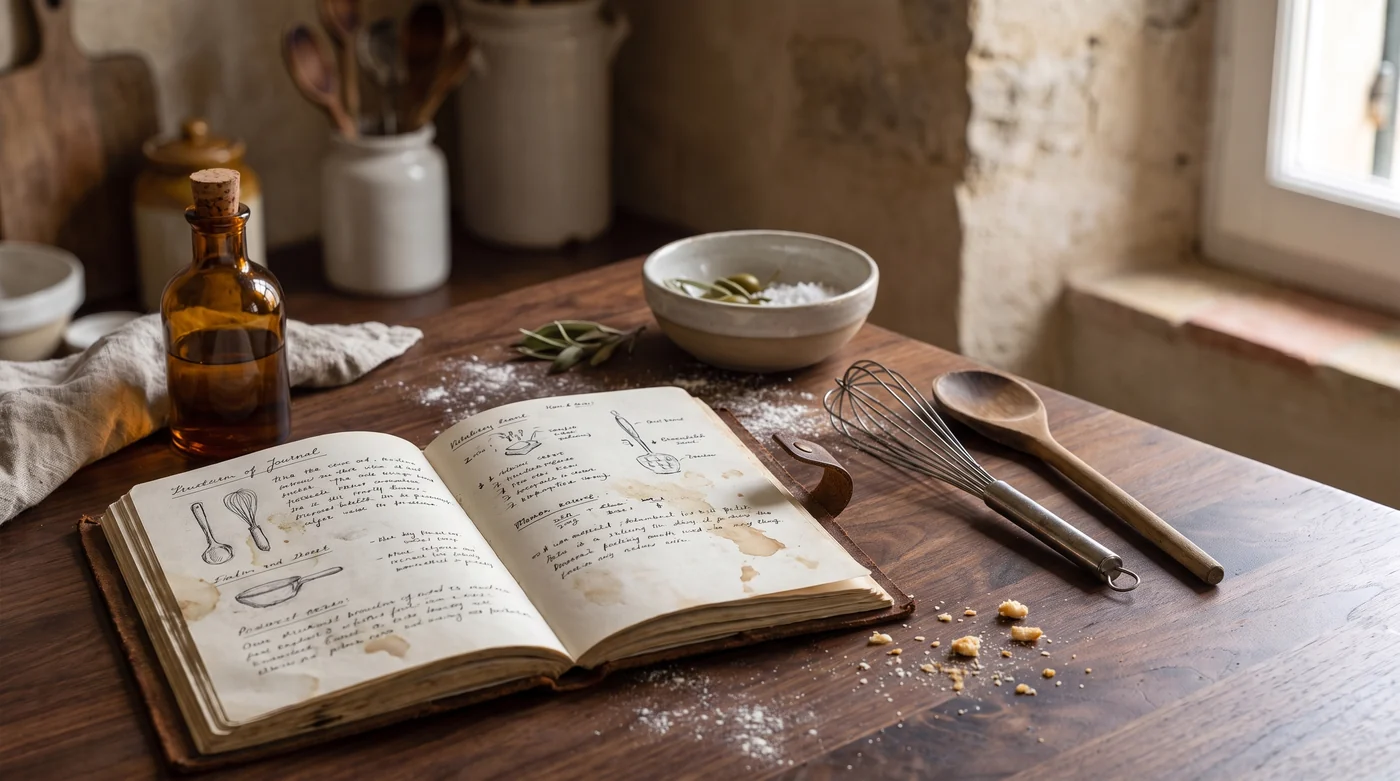 A notebook with cooking diagrams beside a spoon and whisk.