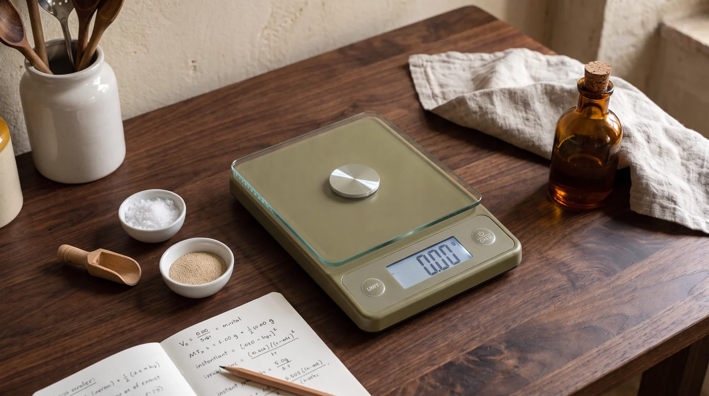 A digital kitchen scale beside a small scoop and bowl.