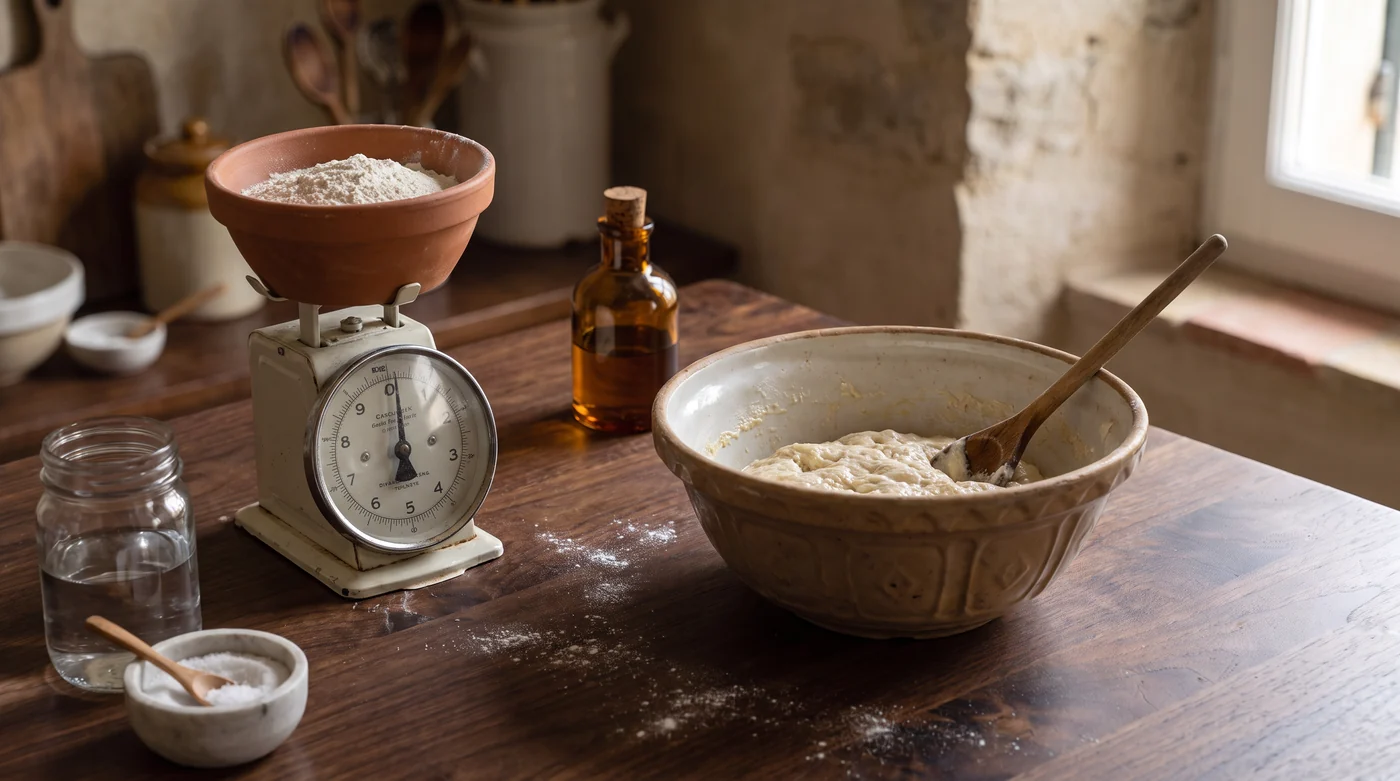 Make more. Keep the method clear. A bowl of dough beside a kitchen scale and starter jar.