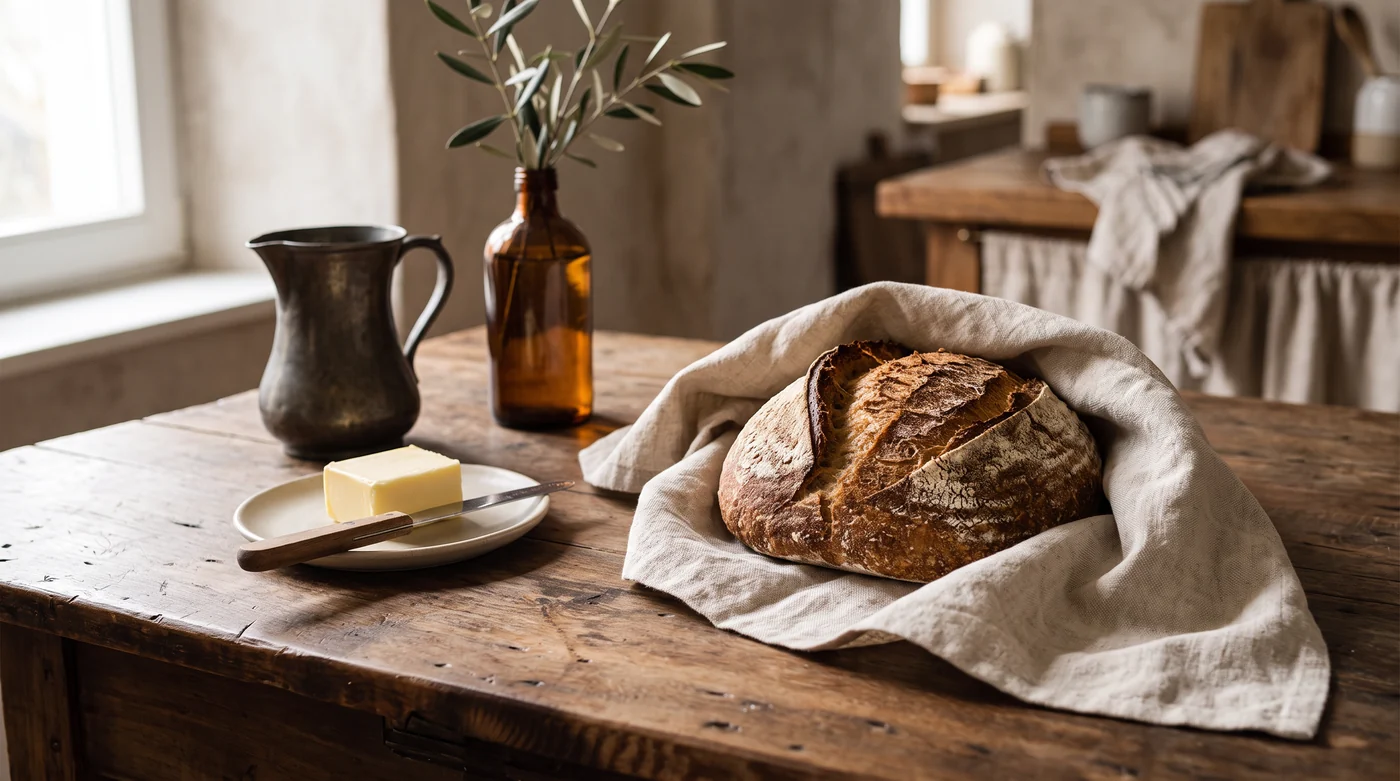 Illustrative rustikale Küchentafel mit Brot und Leinen; kein dokumentierter Backversuch Illustrative rustikale Küchentafel mit Brot und Leinen; kein dokumentierter Backversuch